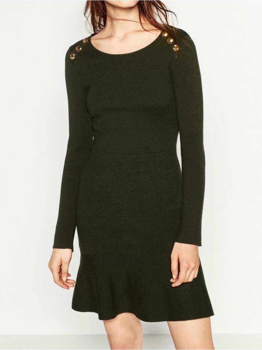 Zara Knit Dark Green Long Sleeve Dress with Gold Buttons Size L